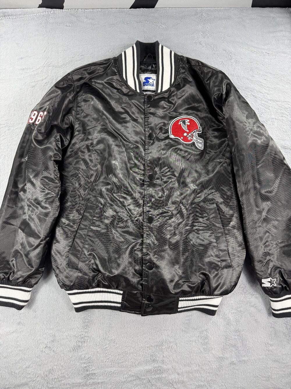 Starter Atlanta Falcons Satin Bomber Jacket Mens Medium Black Quilted NFL